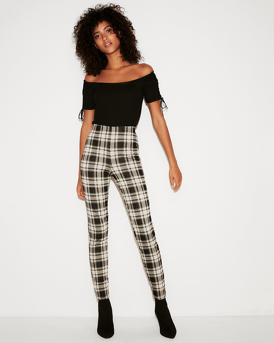 EXPRESS High Waisted Pull-On Plaid Leggings