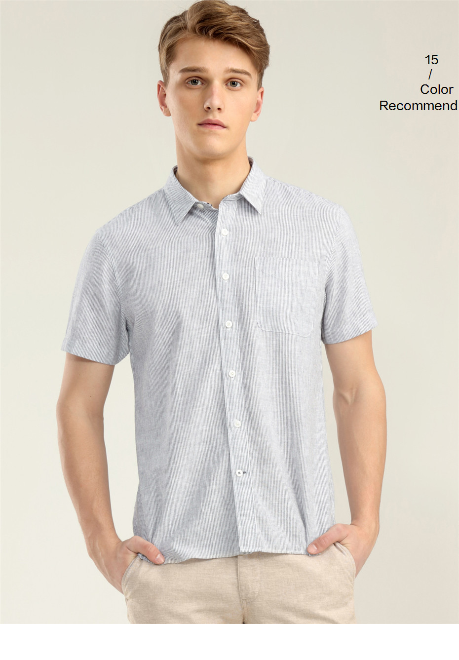 Linen-cotton short sleeve single pocket shirt