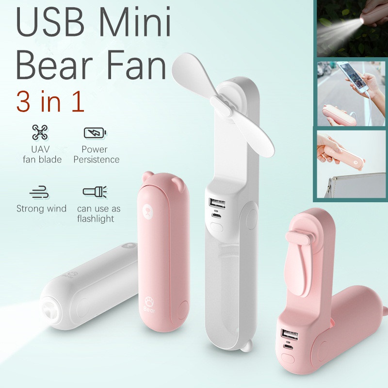 3 in 1 Summer USB Mini Bear Fan Handheld Fan Light Powerbank Portable Foldable Chargable Light Weigh