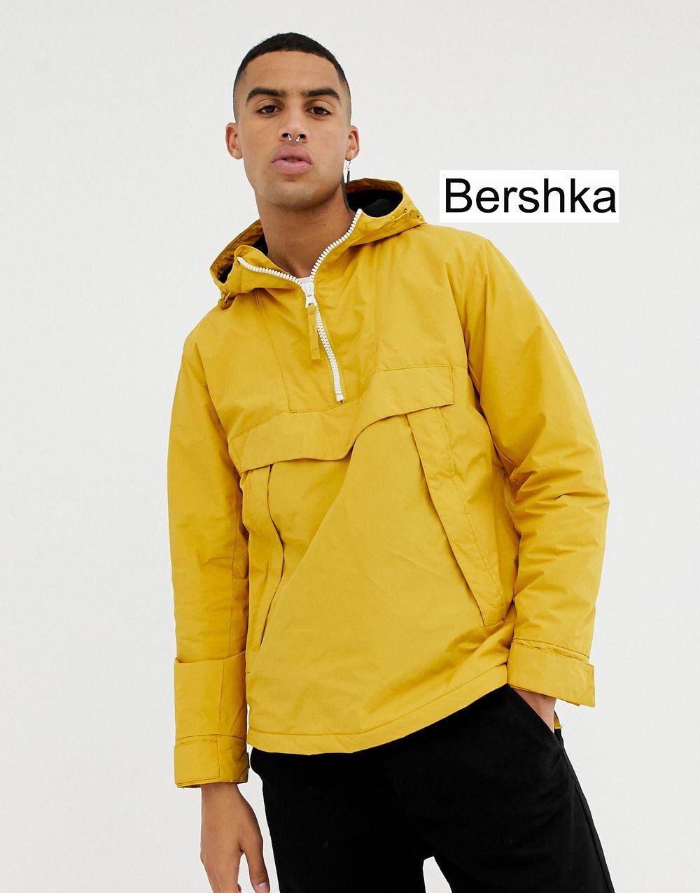 Bershka Hooded Jacket In Yellow With Half Zip And Side Zips Bershka size S