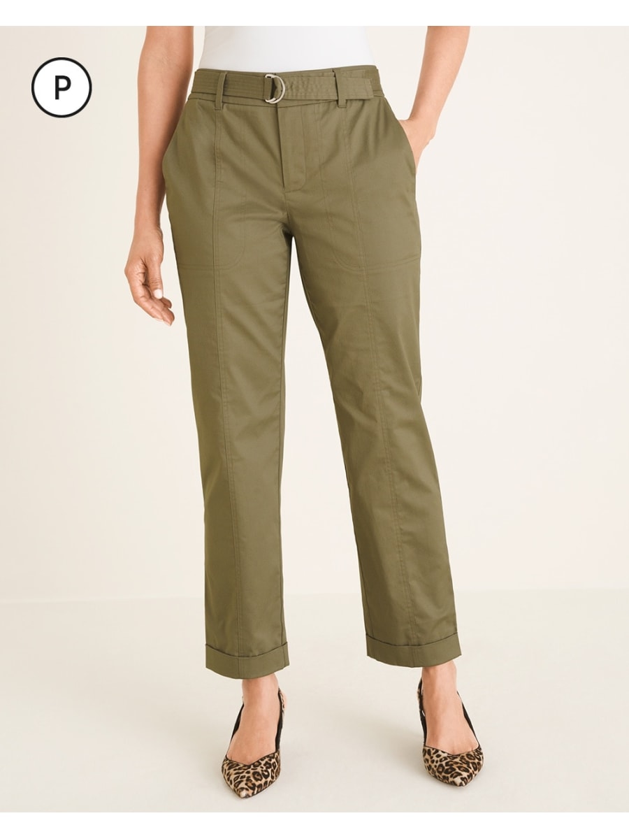 Quần Chico’s Petite Belted Utility Ankle Pants, Rustic Olive, Black size 4p, 6p