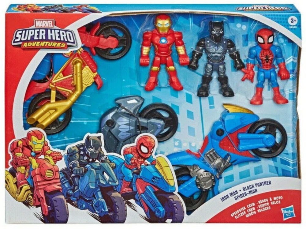Marvel Playskool Heroes Super Hero Adventures Iron Man, Black Panther & Spider-Man Exclusive Action Figure & Vehicle 3-Pack [Speedster Crew]