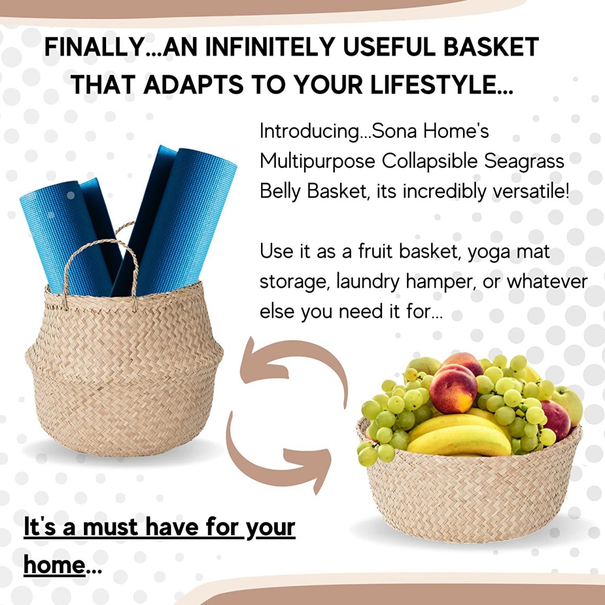 Giỏ đựng đồ có tay cầm House & Home Patterned Seagrass Basket – Natural Size XL