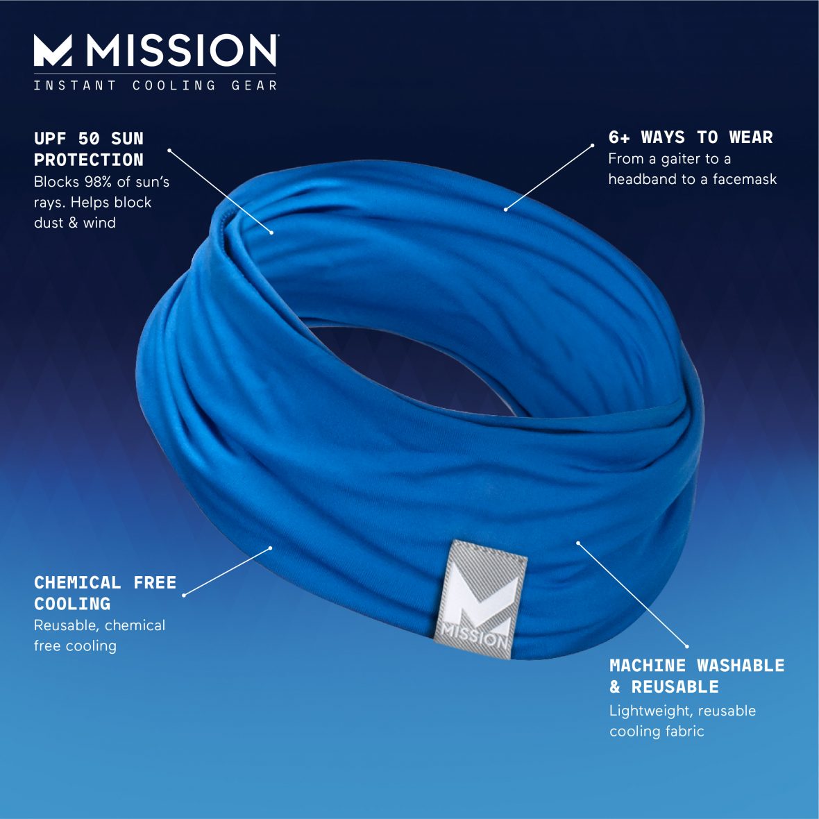 MISSION Max Cooling Half Neck Gaiter (Adult) Unisex, 6+ Ways to Wear, Face Mask, UPF 50, Cools When Wet, MISSION Blue